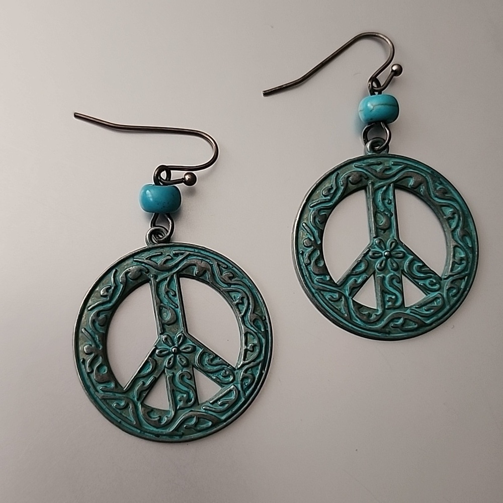 Boho Earrings Peace Sign Antiqued Copper